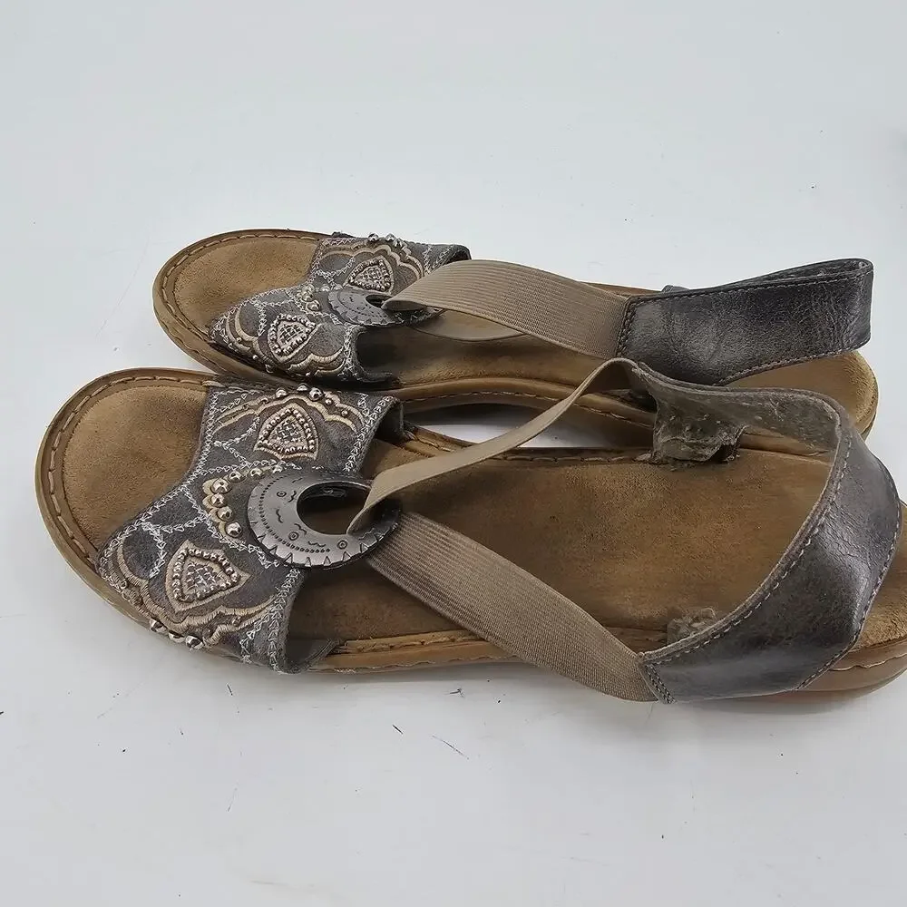 Y2K Rieker Beaded Gray Embroidered Strappy Sandals Boho Silver Emblem EU 40 9.5